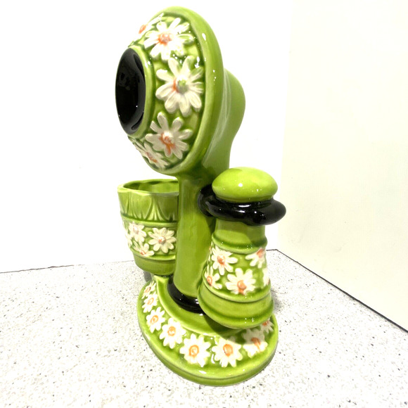 Vintage 1970 ceramic flower pot planter vase green white daisy candlestick phone - Picture 5 of 10